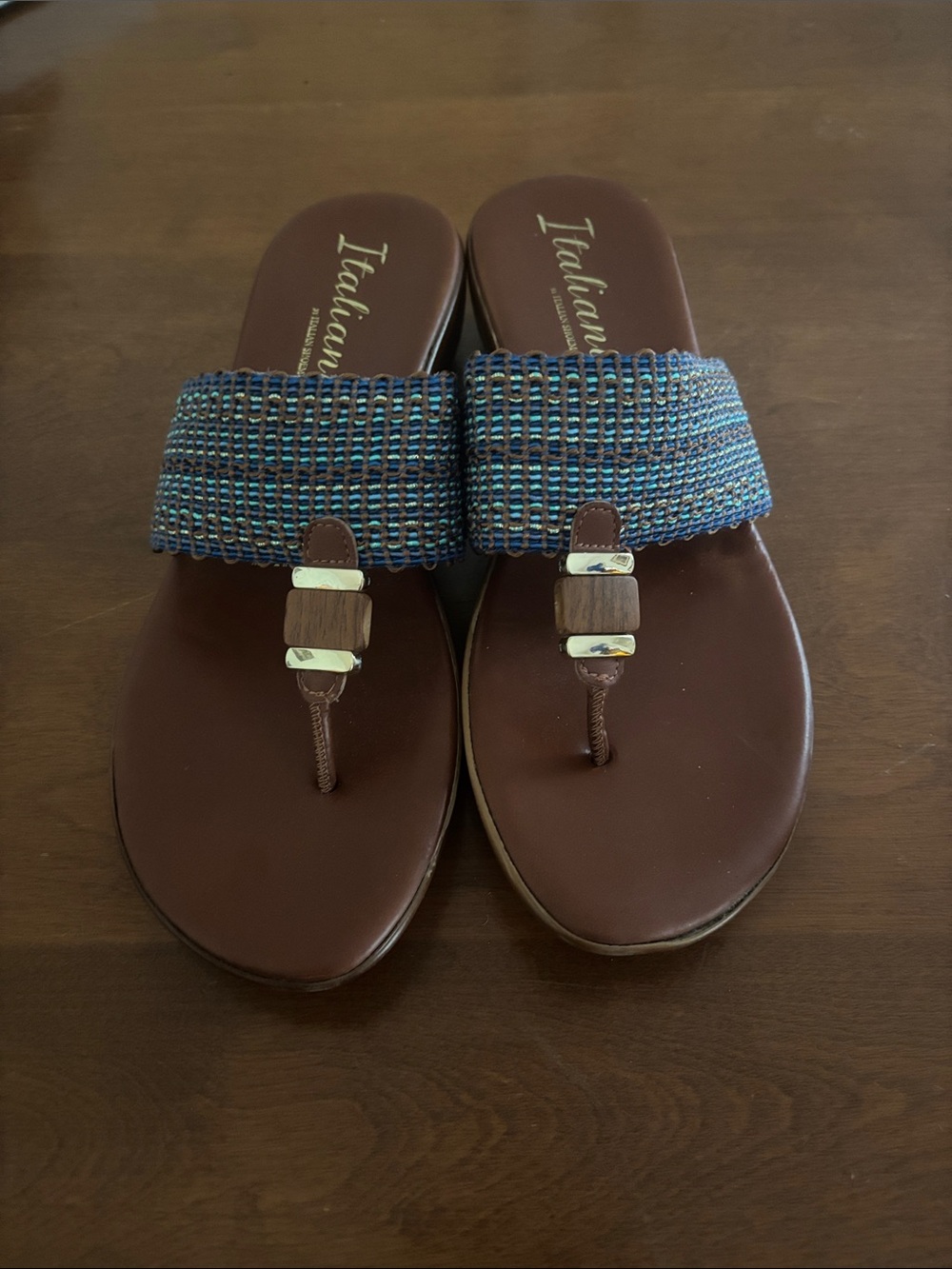 Italiana by Italian Shoemakers Woven Blue Gold Low Wedge Thong Sandals - Size 10